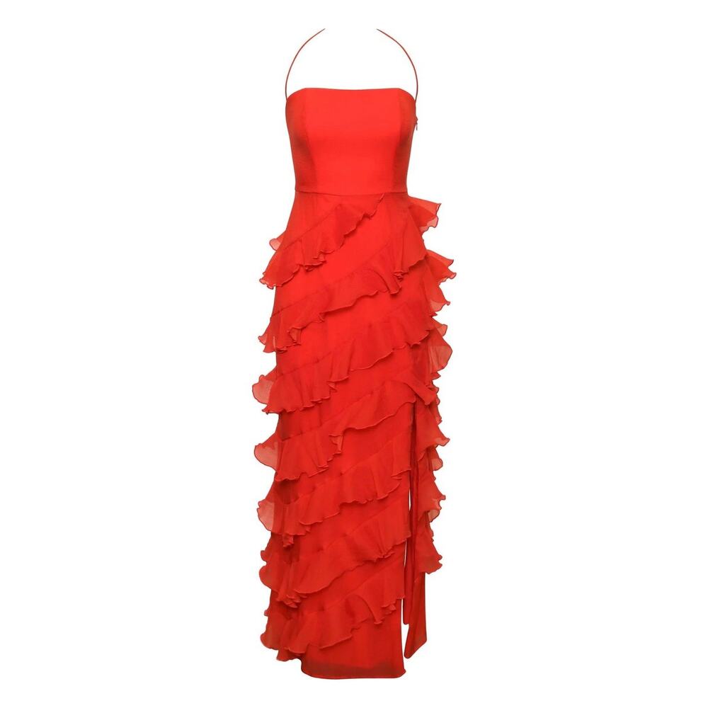 Hutch Lou Midi Ruffle Halter Dress In Red 12